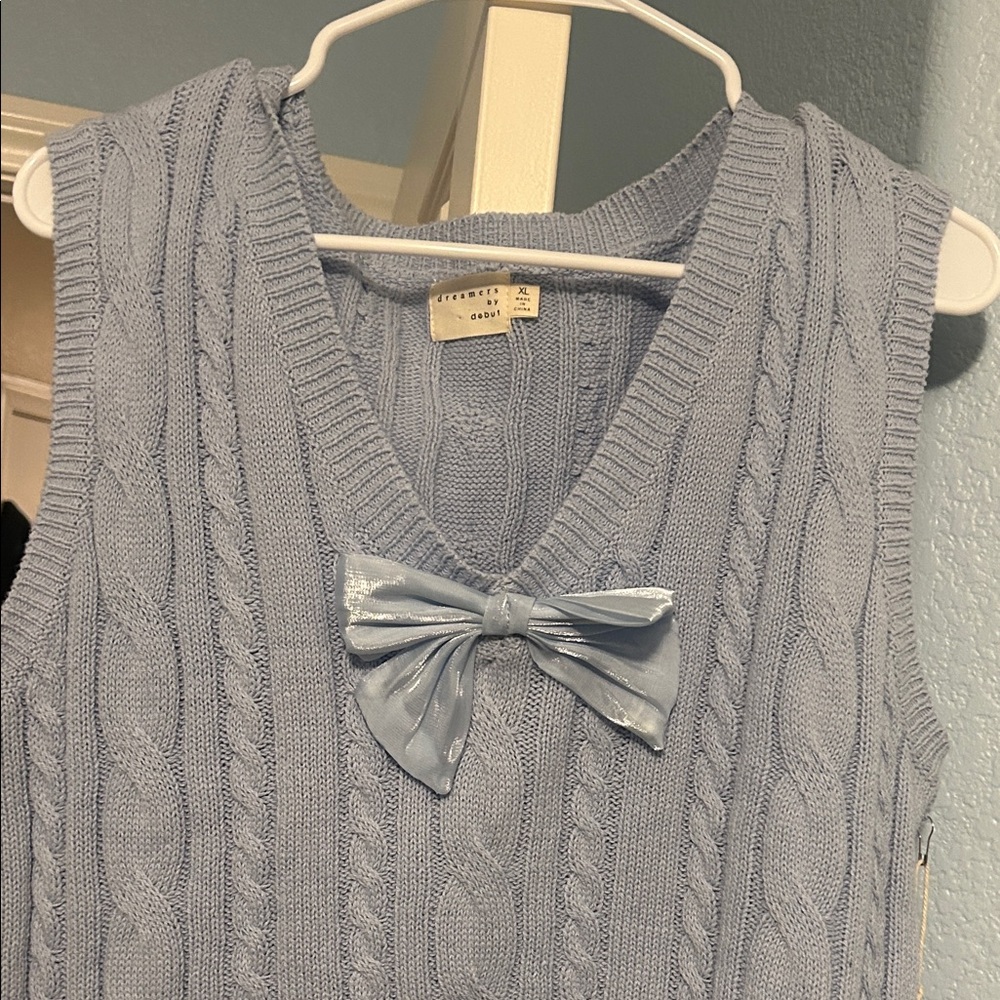 Dreamers by debut Pale Blue Cable Knit V-Neck Sweater Vest with Bow